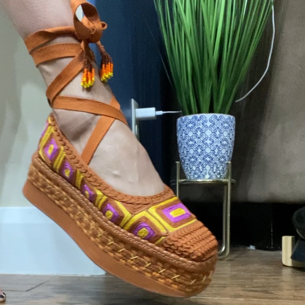 FARM Rio Brown Platform Espadrilles with Yellow & Purple Accents - Picture 16 of 16